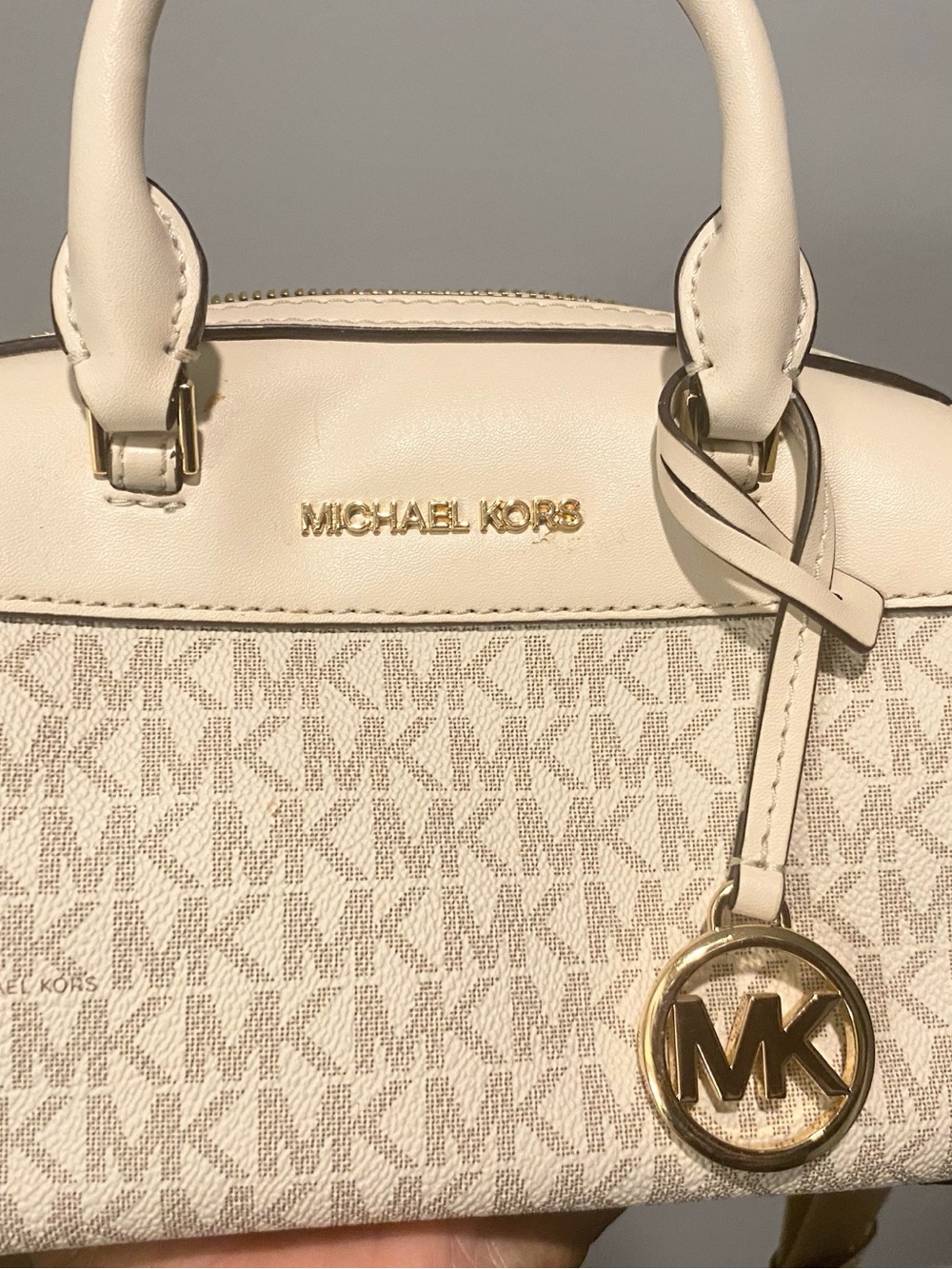 Michael Kors Cream Signature MK Dome Satchel with Gold Hardware